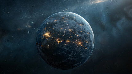 Naklejka premium Sphere of nightly Earth planet in outer space. City lights on planet. Life of people. Solar system element.