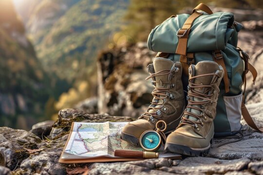 A detailed still life composition set against a stunning mountain background, featuring hiking essentials for an adventure