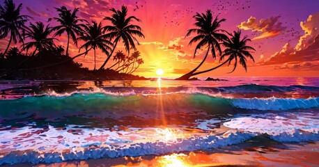 This image captures the serene harmony of a sunset on a tropical shore, with waves gently caressing the sand. The sky is ablaze with warm hues, reflecting on the water's surface. AI generation - obrazy, fototapety, plakaty