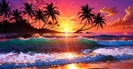Fotobehang This image captures the serene harmony of a sunset on a tropical shore, with waves gently caressing the sand. The sky is ablaze with warm hues, reflecting on the water's surface. AI generation © Anastasiia