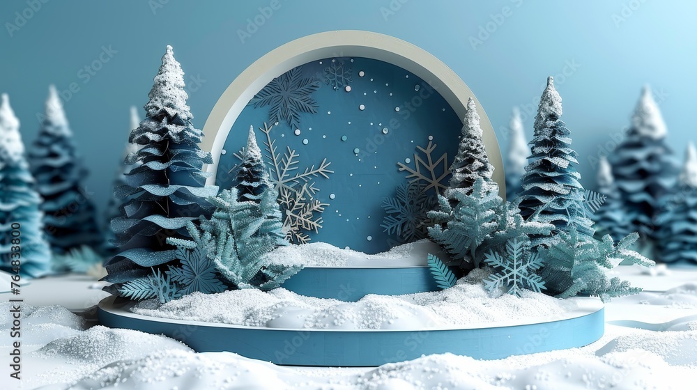 Poster in this round stage style, there are blue paper cut art and craft with festive elements on a color b
