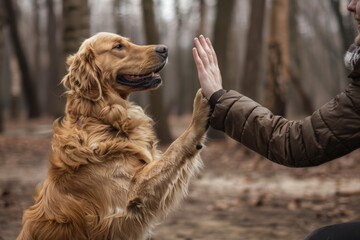 In a leafless forest backdrop, a joyous golden retriever raises its paw for an engaging high five...