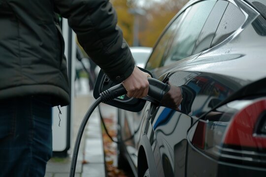 Close-up image showing a person's hand plugging in a charger to an electric car on a cloudy day, highlighting eco-friendly transportation