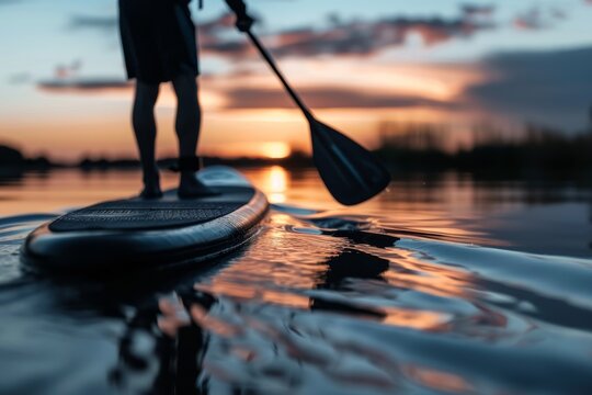 An engaging photo of a man paddleboarding on a serene lake bathed in golden light of the sunset - Powered by Adobe