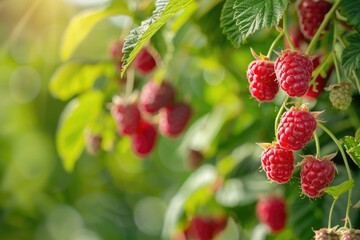 Ripe raspberries hanging from the branches of a raspberry bush in a garden, with a mix of red and green berries. It is ideal for topics on berry farming, healthy eating, or organic fruit
