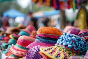 An assortment of colorful hats displayed on a table, likely at an outdoor market, with people visible in the blurred background