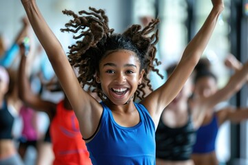 A young girl expressing joy and energy while participating in a dance workout during a group class...