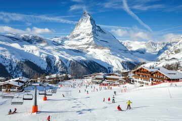 A ski resort in Zermatt, Switzerland, with the iconic Matterhorn mountain in the background, skiers on the slopes, and a ski lift in operation, portraying a vibrant winter sports scene - obrazy, fototapety, plakaty