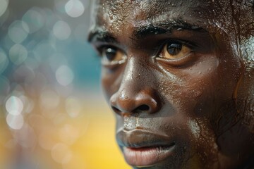 A detailed portrait of a focused and sweating male athlete with a blurred background