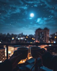Autumn, crisp moonlit night, rooftop overlooking the city, cups of puerh tea share warmth, a serene communion under the stars