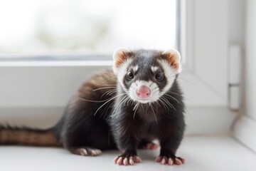An adorable ferret stands attentively on a white surface with a curious gaze and soft focus background