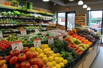 Obraz premium Produce section of a grocery store: The counter is stocked with a colorful assortment of fresh fruits and vegetables in an eco-products store, highlighting a variety of healthy food options available