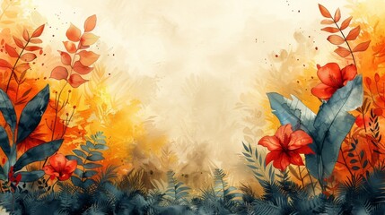 A contemporary abstract painting. Golden elements, watercolor paintings, textured backgrounds. Tropical, flowers, leaves. Prints, wallpaper, posters, murals.