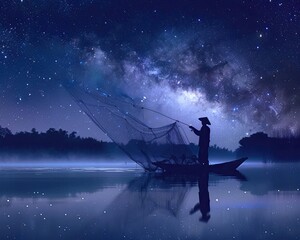 Summer, humid evening, riverside, a fisherman casts his net under the stars, his silhouette a part of the nocturnal landscape - obrazy, fototapety, plakaty
