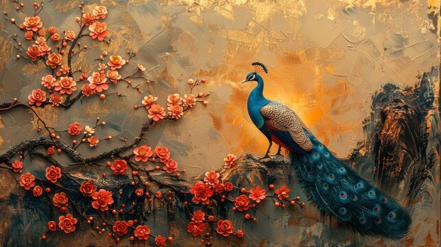 Abstract artistic background. Vintage illustration, floral plants, branches, peacocks, gold. 3D, textured background. Painting. Modern Art.