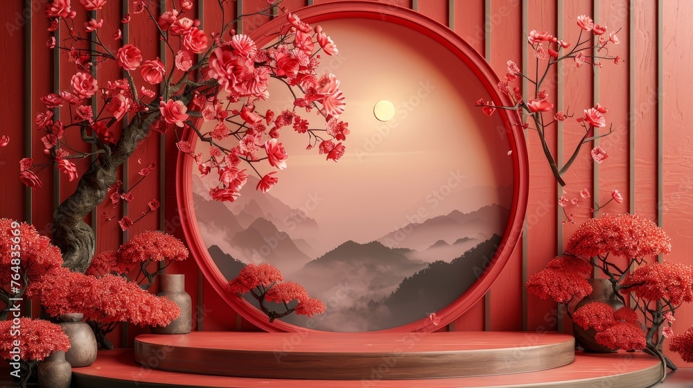 Canvas Prints Chinese new year podium, chinese festivals, mid autumn festival, red and gold colors, flowers, and Asian elements on a white background.