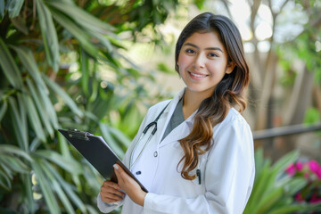 Fototapeta premium A portrait of a young, confident Latina medical professional, wearing a white coat with a stethoscope, holding a clipboard, likely representing a doctor or a nurse in a clinical setting