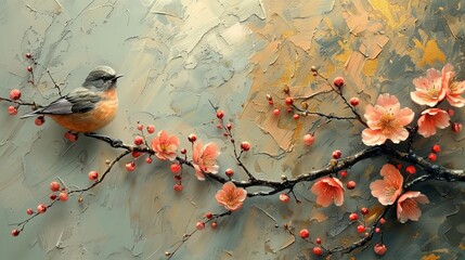 A gray abstract artistic background with flowers, branches, birds, golden brushstrokes. Textured background. Oil on canvas. Modern Art. Grey, wallpaper, poster, card, mural, print, wall art..........