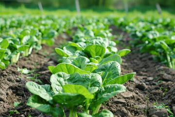 An agricultural field with rows of green spinach, representing farming, agriculture, or organic produce