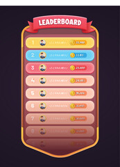 Red Game leaderboard with different ranks and set of 3 different rank badges. Leaderboard Mobile Game GUI assets for the user interface of casual mobile games and applications.