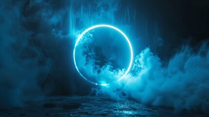 A futuristic scene with bright lighting and wrapping aura effects, reminiscent of leveling up in a game or teleportation, featuring a modern neon blue circle or portal amidst smoke