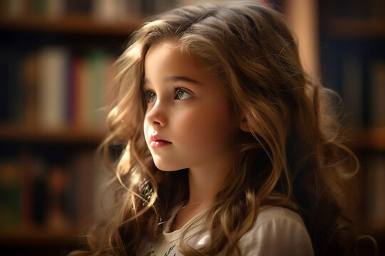 Cute girl studying literature in library pile of books textbooks generated by AI
