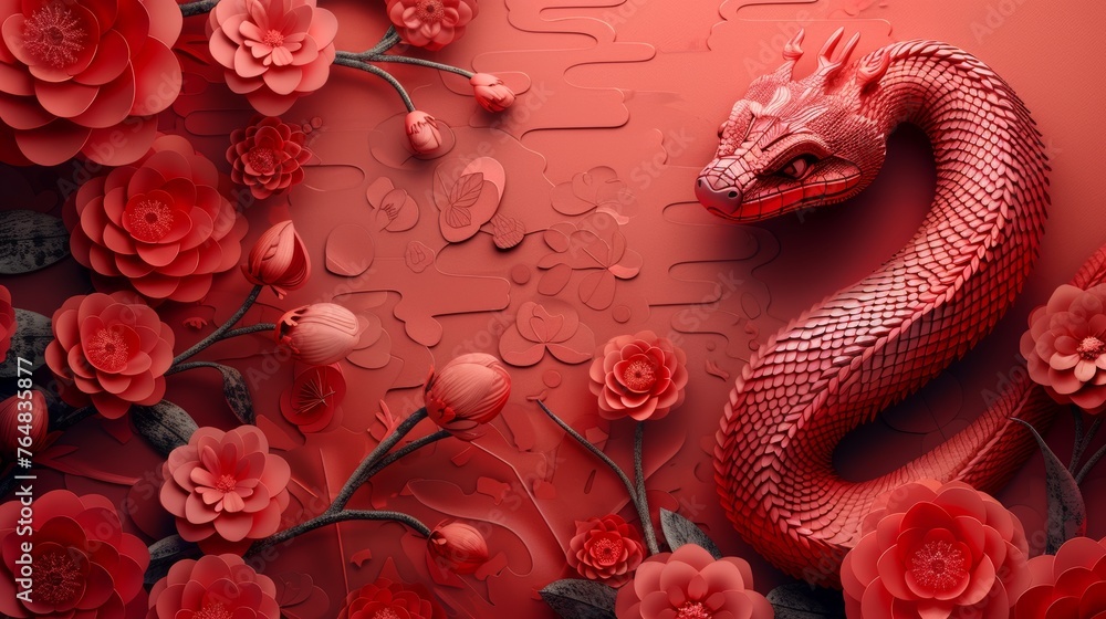 Wall mural Chinese new year 2025 snake zodiac sign with a flower, lantern, asian elements on a colored background. (Translation : Happy Chinese New Year 2025 Snake )....