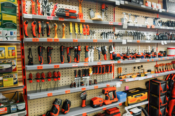 An assortment of hand tools and hardware displayed on a store wall, indicating a hardware store or home improvement section