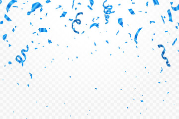 Abstract background party celebration blue confetti. Falling shiny blue confetti isolated on transparent background.