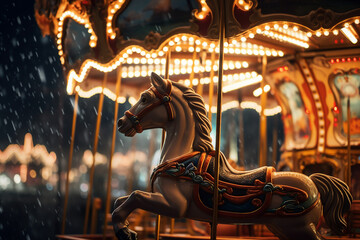 Carousel horse at the amusement park in the night made with generative AI - obrazy, fototapety, plakaty