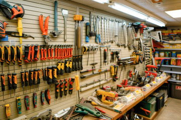 An assortment of hand tools and hardware displayed on a store wall, indicating a hardware store or home improvement section