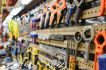 An assortment of hand tools and hardware displayed on a store wall, indicating a hardware store or home improvement section - obrazy, fototapety, plakaty