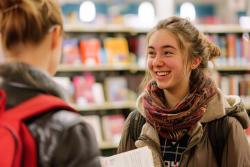young adult woman at a public library, cheerfully returning books to a librarian. The interaction seems pleasant and underscores the importance of libraries as community hubs for learning and sharing