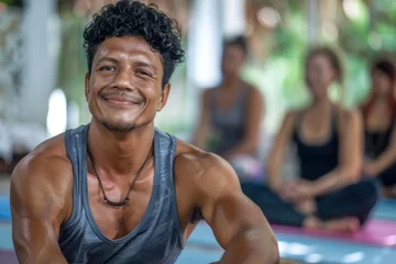 Schilderijen op glas Latin American man practicing a yoga pose known as Matsyendrasana, or the Lord of the Fishes pose, during a group yoga session. His relaxed expression and the presence of others in the background © romanets_v