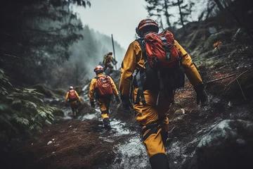 Gordijnen Generative AI photo image of rescuers saving people in mountains dangerous extremely risky winter ski sport © Tetiana