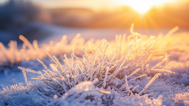 A serene and frozen winter scene capturing the idyllic beauty of nature with frozen grass at sunrise, creating a winter wonderland atmosphere