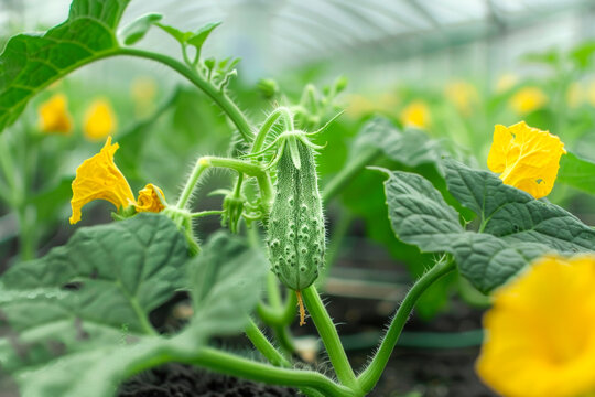 A close-up of a young cucumber growing in a greenhouse, with the plant's yellow flowers in the background. This photo could serve for discussions on greenhouse gardening, vegetable cultivation