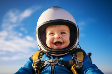 AI generated image of cute funny sweet baby skydiver flying in blue sky