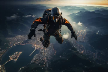 Tuinposter Skydiver in action above the clouds made with generative AI © Tetiana