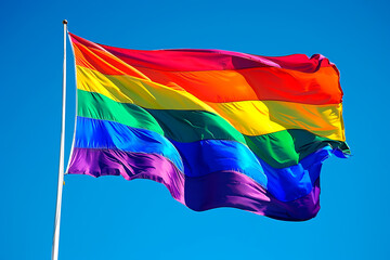 Rainbow flag flying under a blue sky