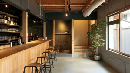 A minimalist Japanese beer bar, where simplicity and quality reign. The interior design features  - obrazy, fototapety, plakaty