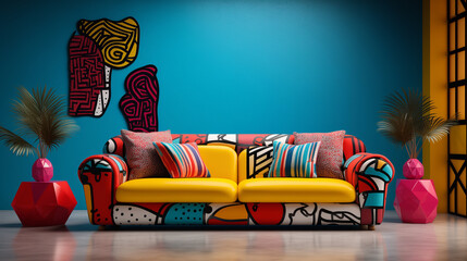 Modern colorful living room interior with a bright yellow sofa, blue wall, and colorful abstract paintings.