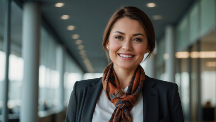 Lächelnde Geschäftsfrau mit stilvollem Halstuch im modernen Bürokomplex - obrazy, fototapety, plakaty