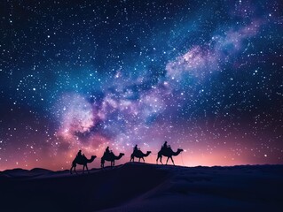 Fototapeta premium A traditional camel caravan traverses the desert under a mesmerizing starry sky, evoking a sense of adventure and tranquility. 