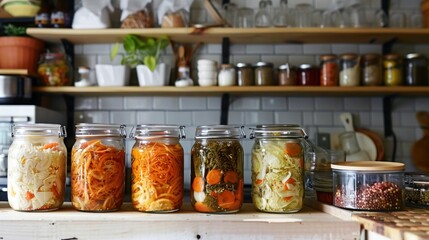 A minimalist kitchen, where a person practices the art of vegetable fermentation. Jars of kimchi, 