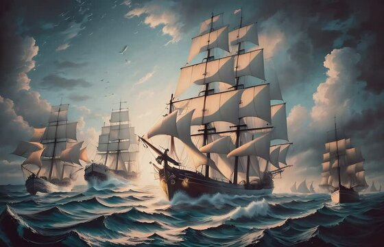 Fleet of 18th century sailing ships navigating the high seas