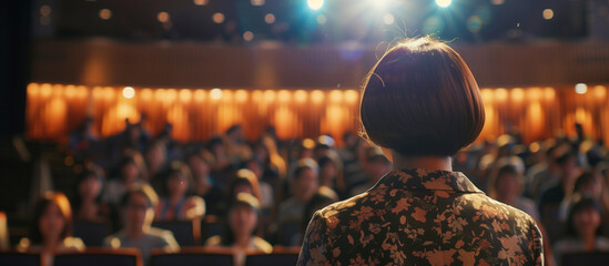 A young woman giving speech with many people in the audience - obrazy, fototapety, plakaty