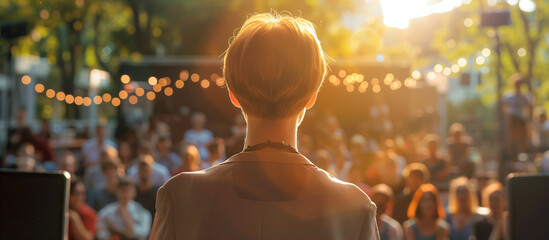 A young woman giving speech with many people in the audience - obrazy, fototapety, plakaty