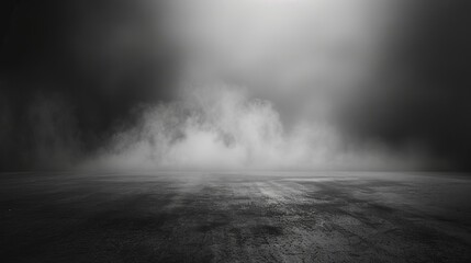 An abstract depiction of a dark room with a concrete floor, serving as a black stage or room background, ideal for product placement, accompanied by a panoramic view of white mist, fog, or smog