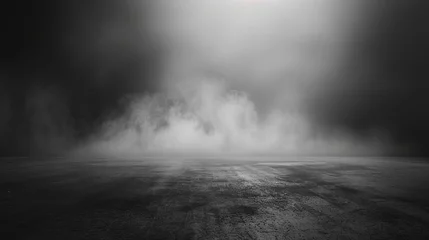 Gardinen An abstract depiction of a dark room with a concrete floor, serving as a black stage or room background, ideal for product placement, accompanied by a panoramic view of white mist, fog, or smog © Orxan